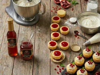 Mini Pomegranate Cheesecakes with Prickly Pear Cactus Syrup and Pomegranate Jelly